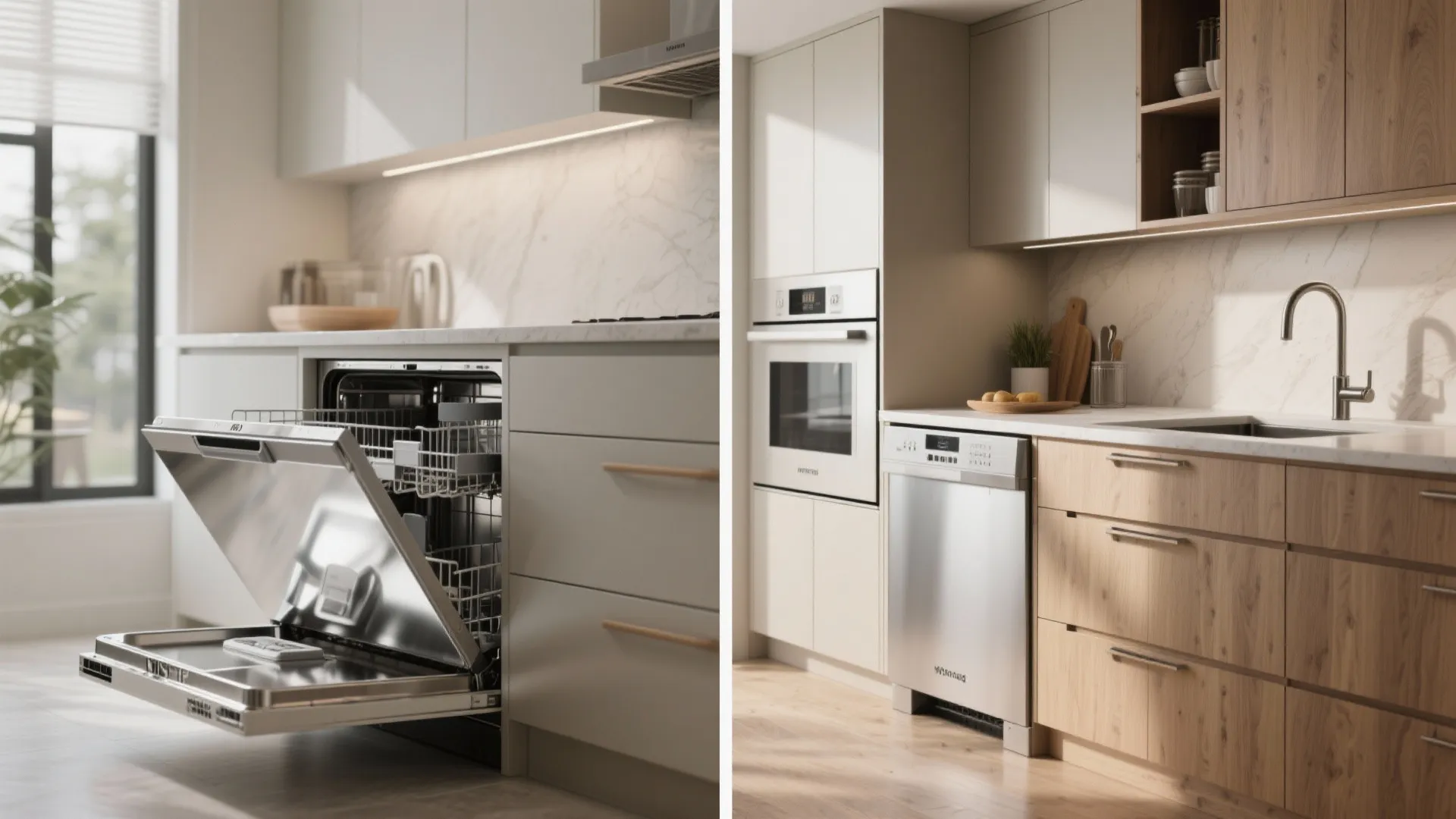 Split before-and-after image showing visible dishwasher versus integrated cabinet-front dishwasher with prep station and sink.