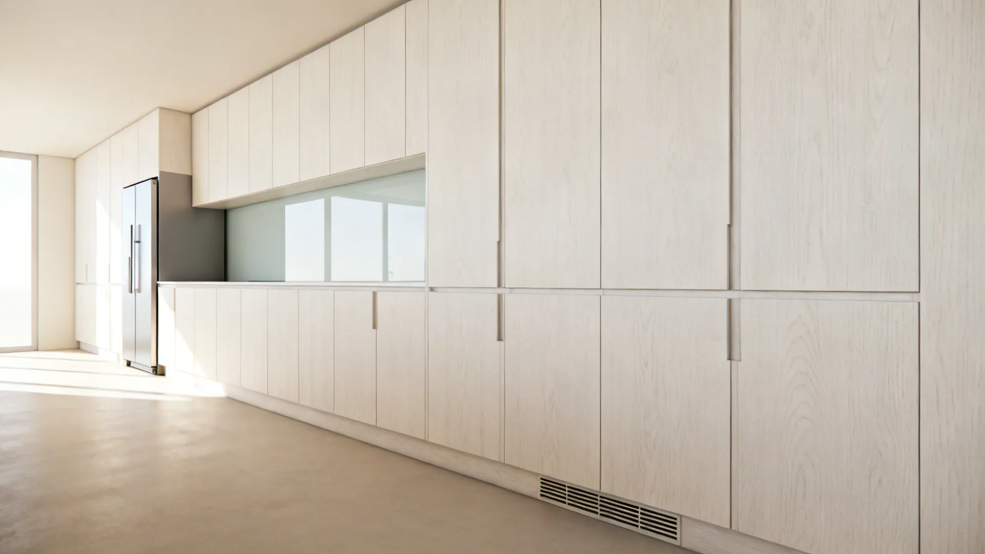 Galley kitchen with a fully integrated panel-ready fridge hidden in continuous white oak fronts.