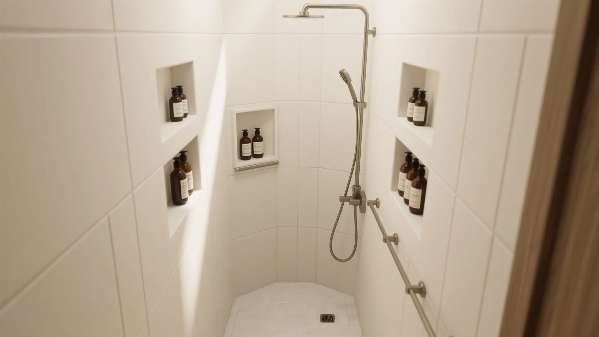 Alcove shower with grout-free wall panels and recessed niches keeping storage tidy and off the floor.