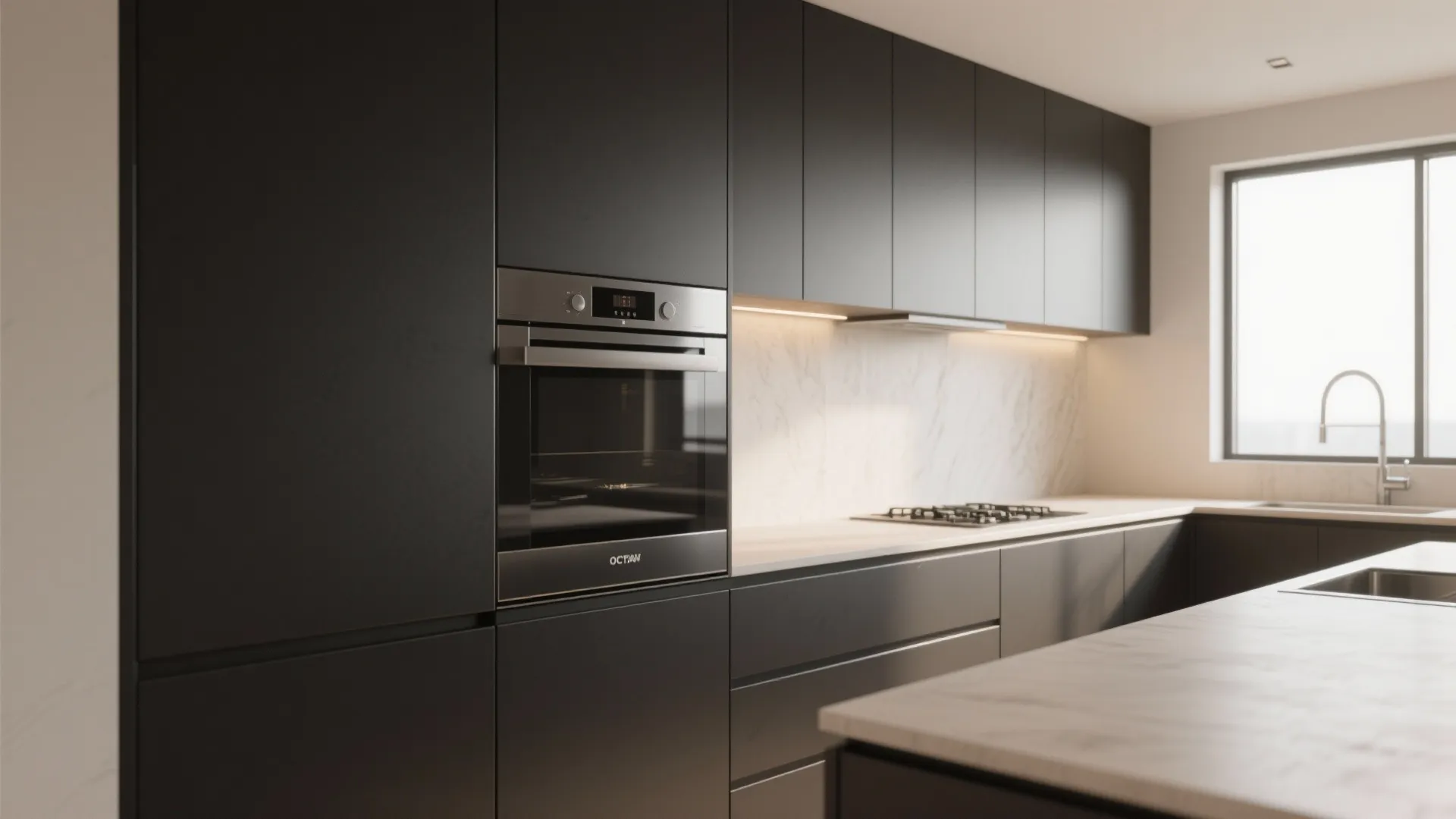 Modern black kitchen cabinets with built in oven marble backsplash gas stove and window view