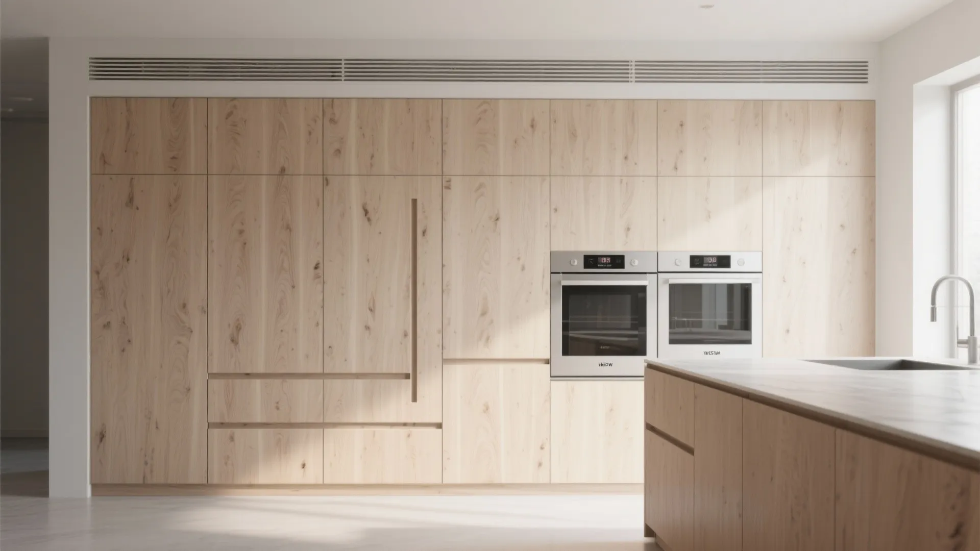 Modern kitchen with light wood wall panels built in ovens white countertop and silver faucet