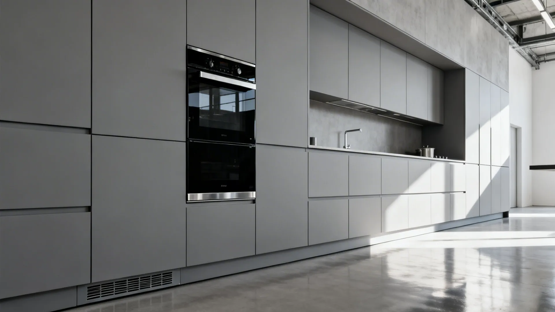 Monolithic kitchen wall with integrated panel-ready appliances and perfectly aligned flush panels.