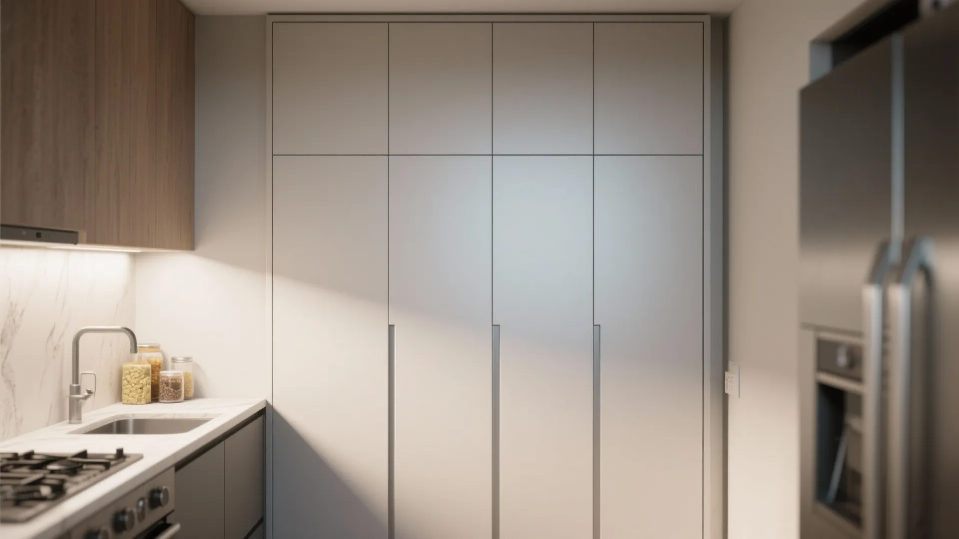 Modern kitchen with tall white minimalist cabinet doors next to wood wall cabinets and sink