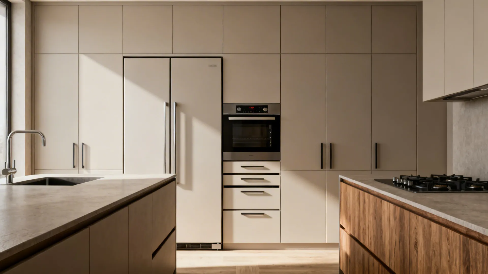 Full-height pantry wall with panel-ready appliances and seamless vertical lines.