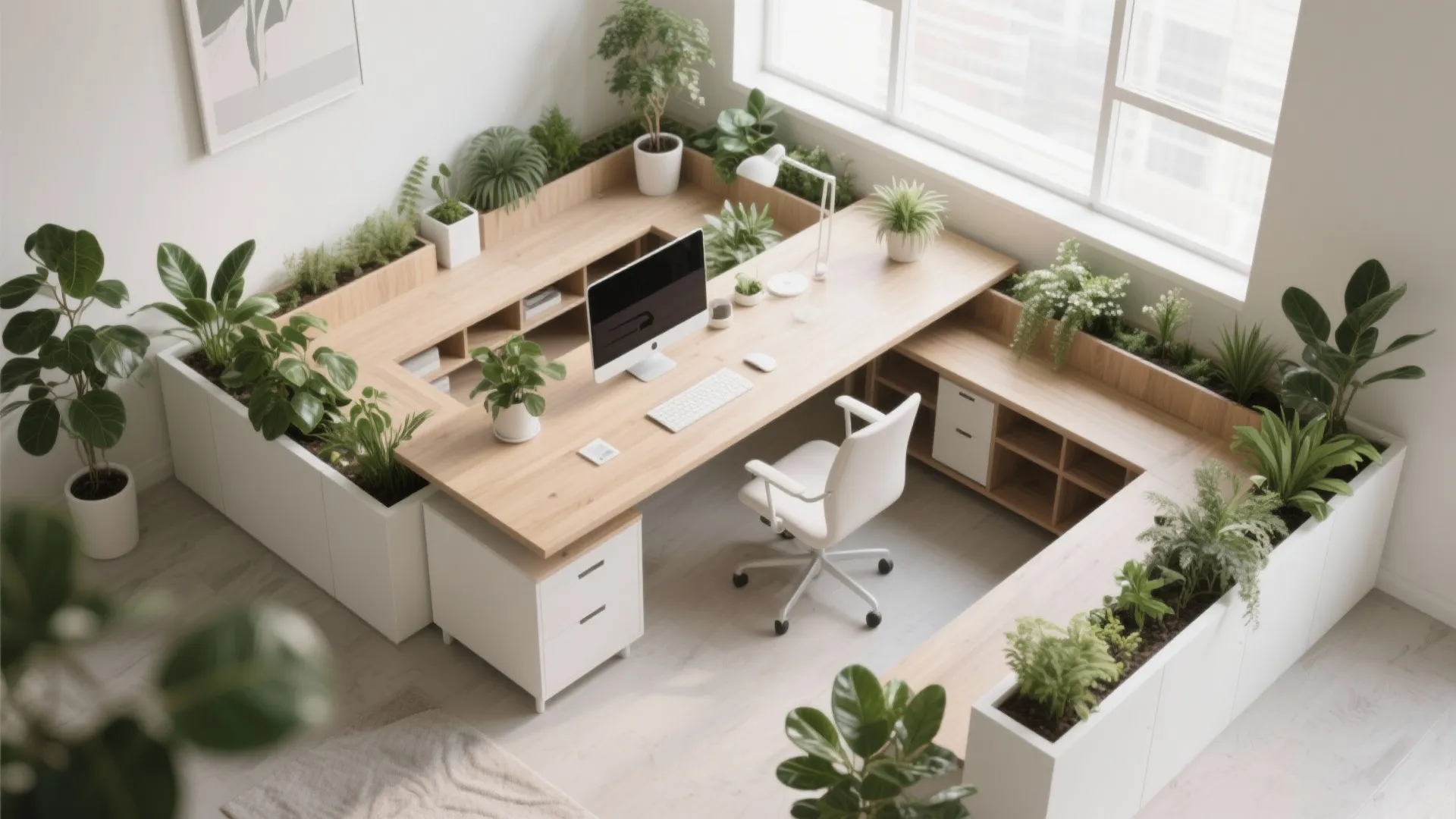 Modern desk with integrated indoor plant compartments