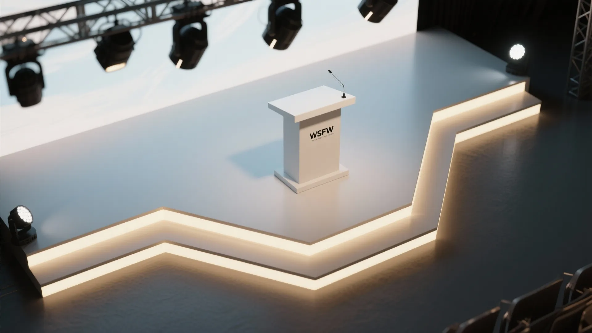High angle view of white event stage with glowing light strips and white speaker podium