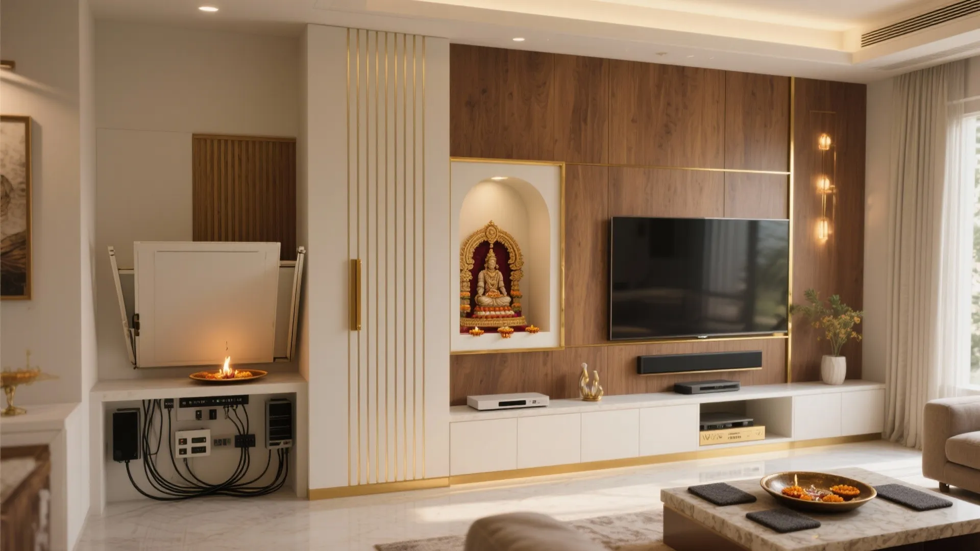 5) Multi-Functional Integration: Pooja Rack in TV Wall or Foyer