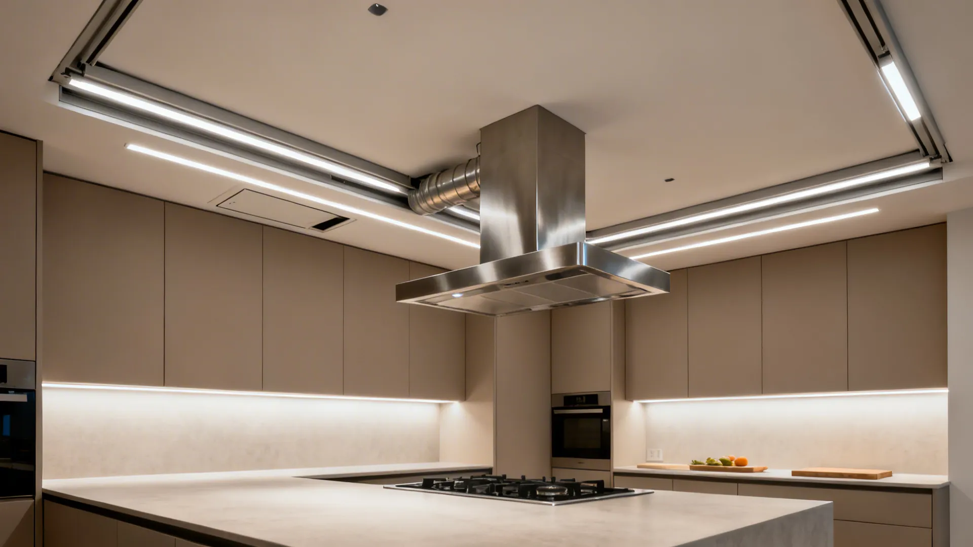 Modern kitchen featuring beige cabinets, stainless steel range hood, island gas stove, and bright ceiling lights.