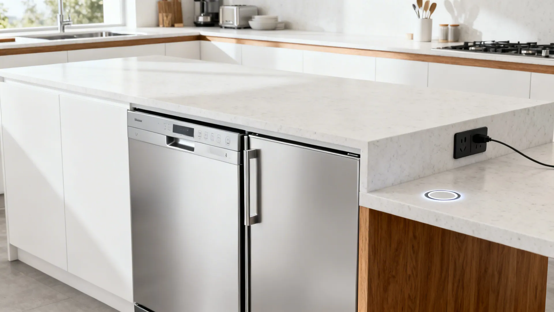 Kitchen island featuring integrated power outlet and built-in dishwasher underneath white marble stone counter top