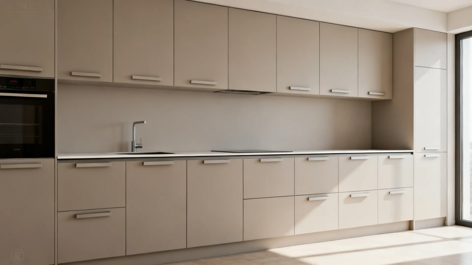 Handleless matte slab cabinets with integrated pulls and slim countertop in a compact kitchen.