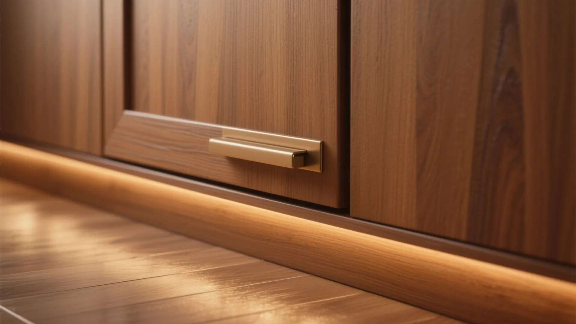 Close up of wood cabinet door with gold handle and warm light on the floor
