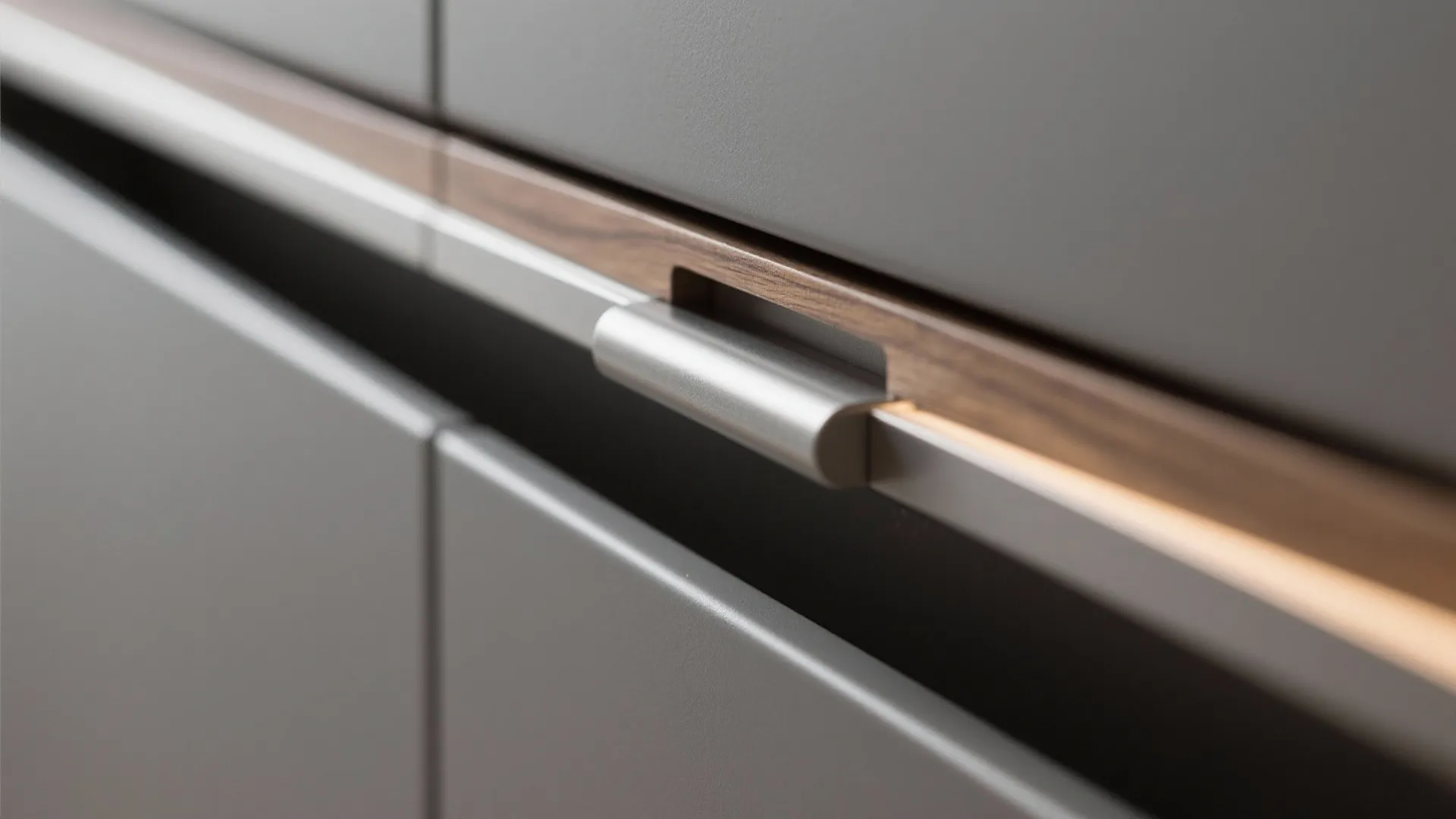 Macro of integrated pull on matte slab-front cabinet showing precise joinery and texture.