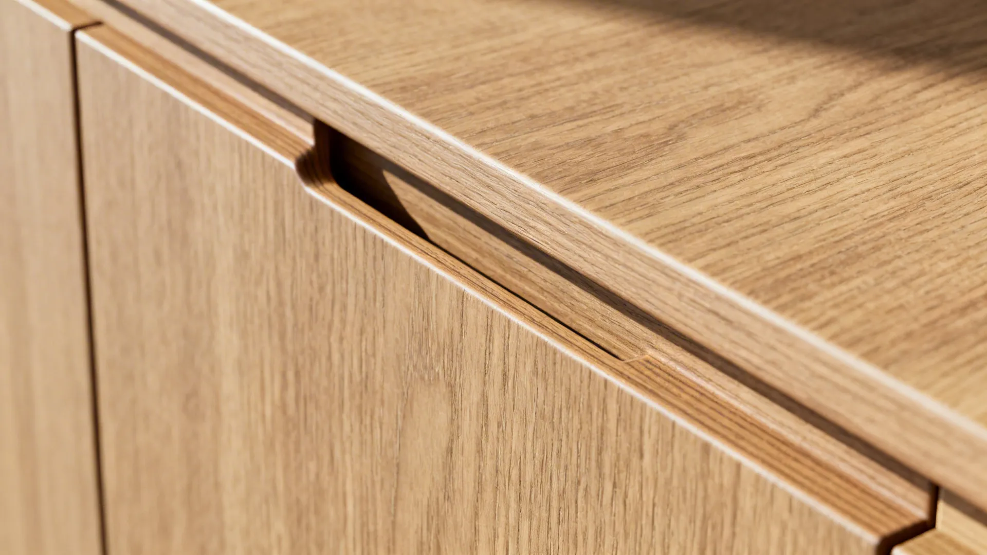 1) Minimalist wood fronts with integrated pulls