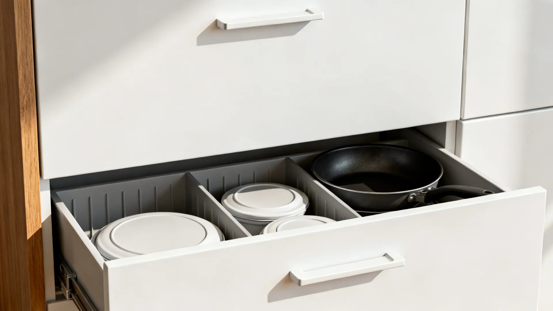 Macro of a beveled integrated cabinet pull and organized internal drawer in a minimalist kitchen.