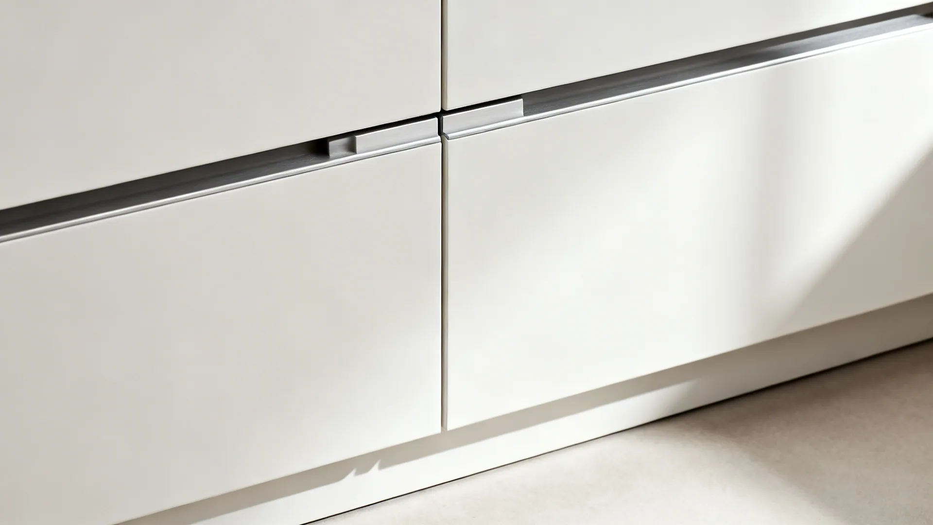 Macro of matte slab cabinet with integrated channel pull and crisp reveal lines.