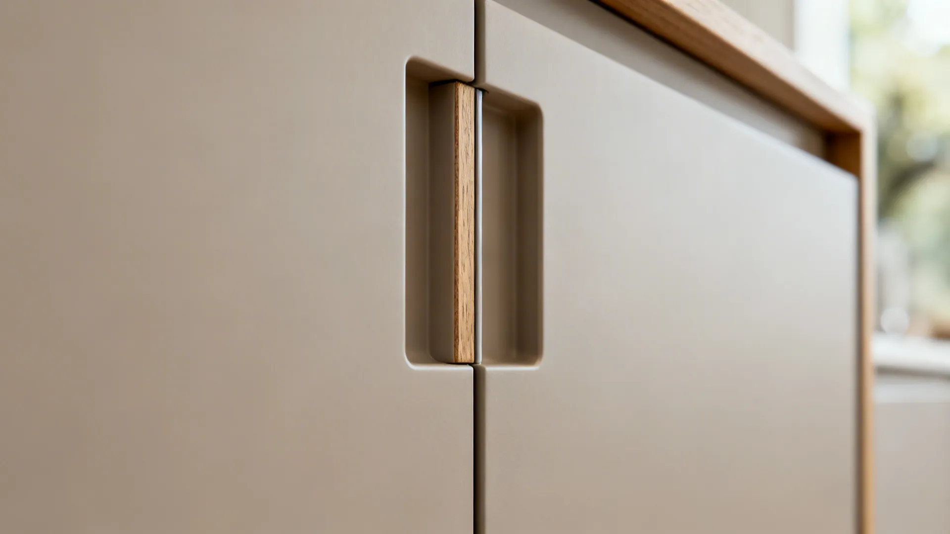 Macro of integrated pull and precise reveal on a matte slab cabinet door with oak edge.