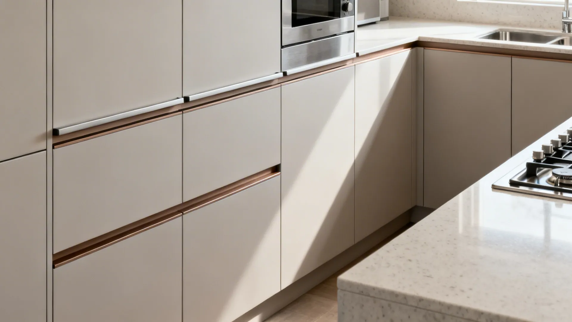 Minimalist flat-panel cabinets with integrated finger pulls and aligned reveals in a small kitchen.