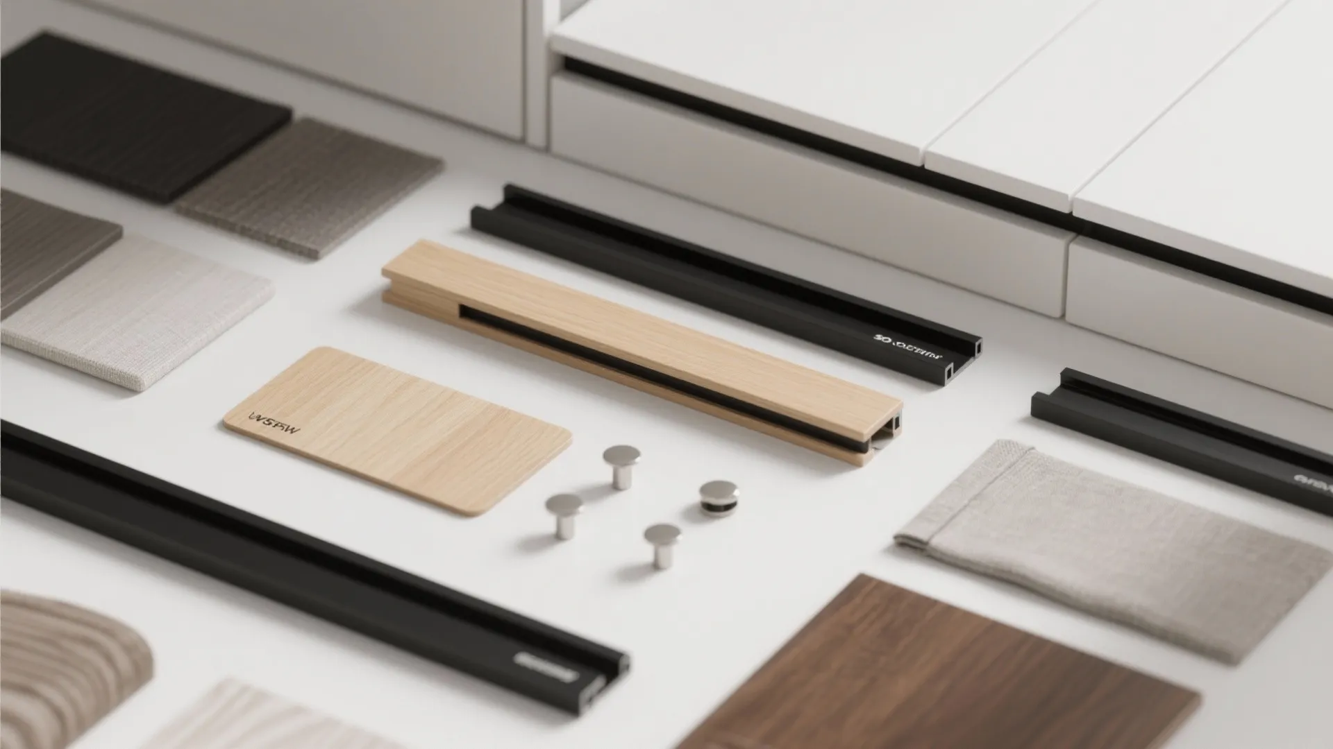 Flatlay of integrated pull profiles, black trim samples and cabinet swatches showing minimalist options.