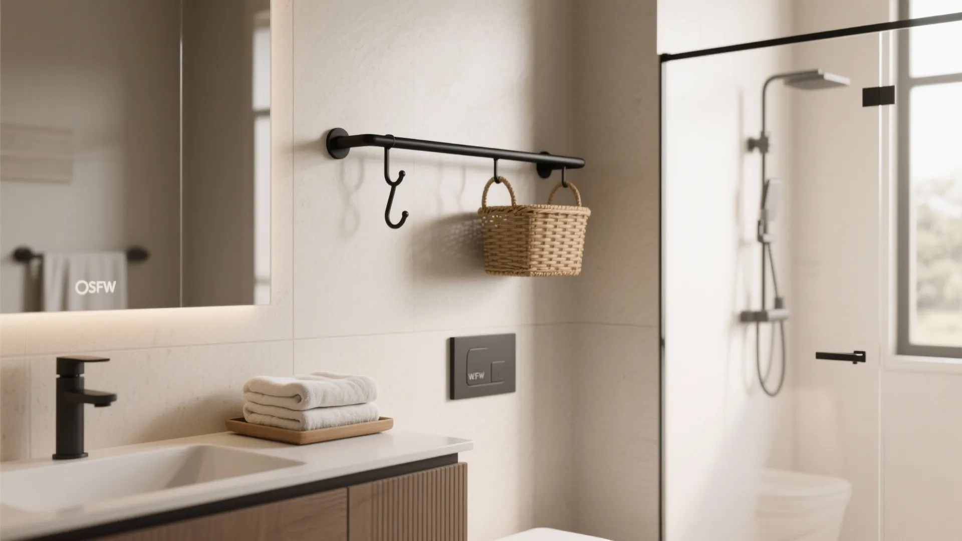 Custom integrated black rail system above a vanity with detachable hooks and a basket.