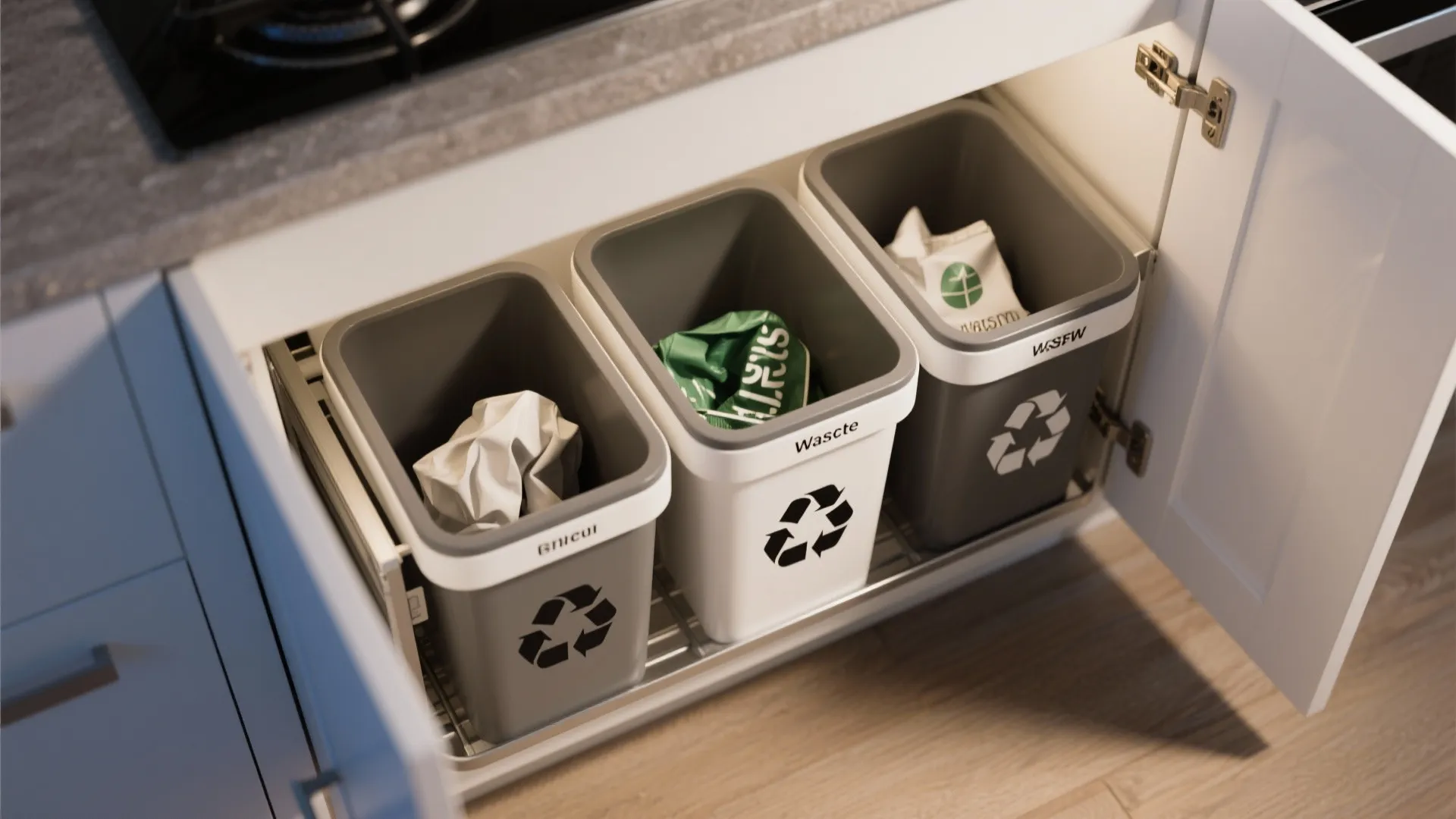 Pull out kitchen cabinet drawer with three separate plastic bins for organized home waste recycling storage