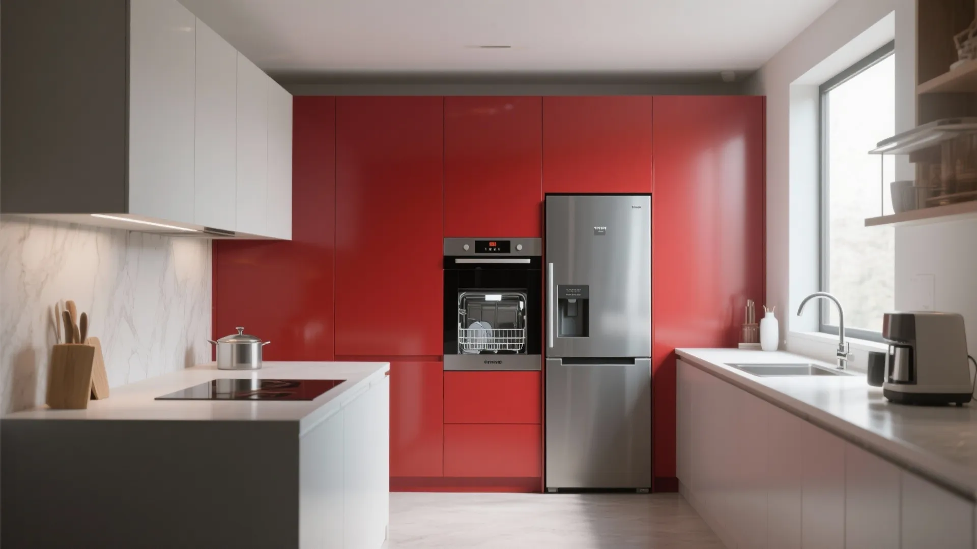 Modern kitchen with red wall cabinets silver fridge built in oven and clean white counter space