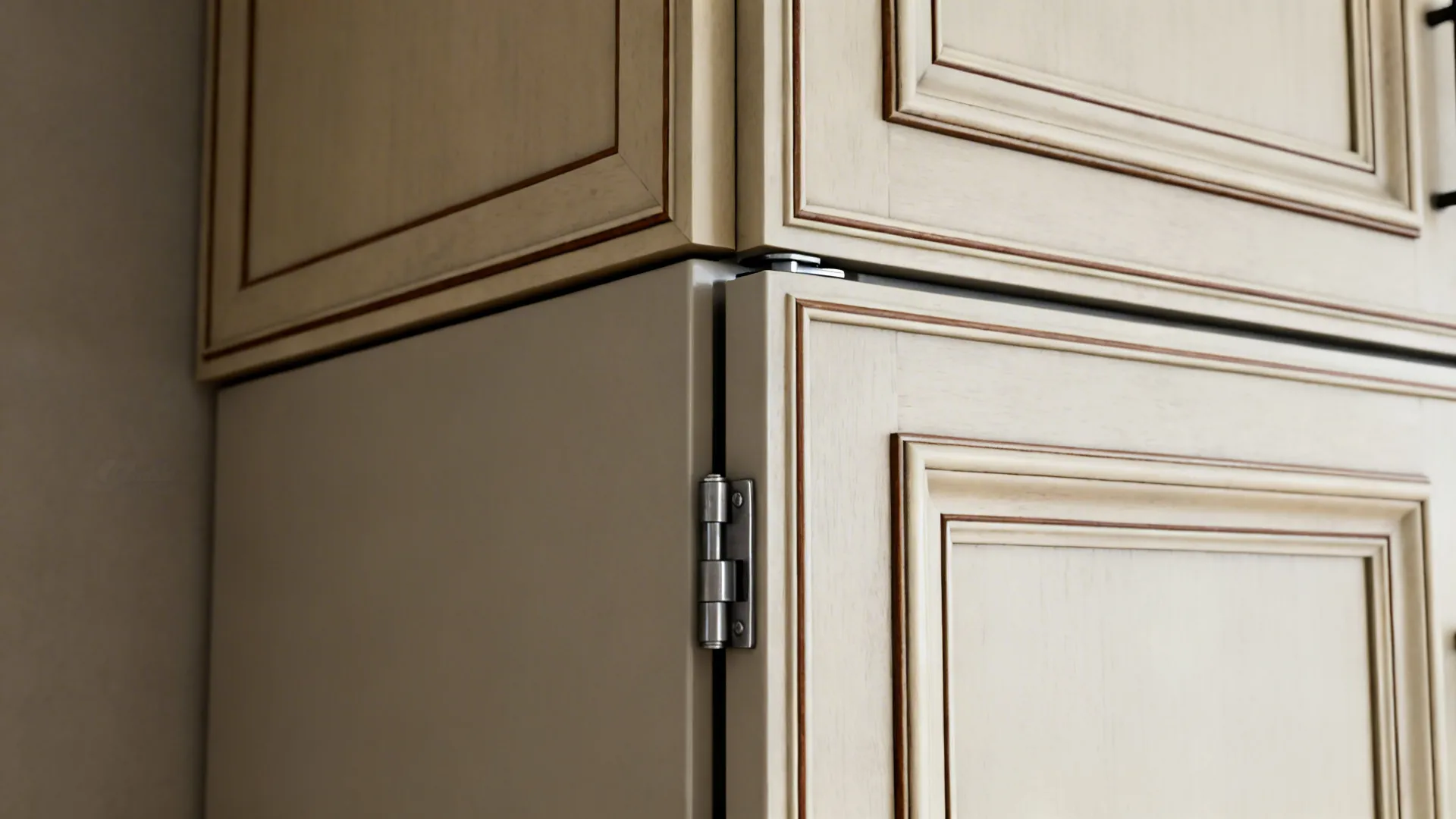 Macro of panel-ready fridge alignment with top box, showing clean reveals and concealed hardware.