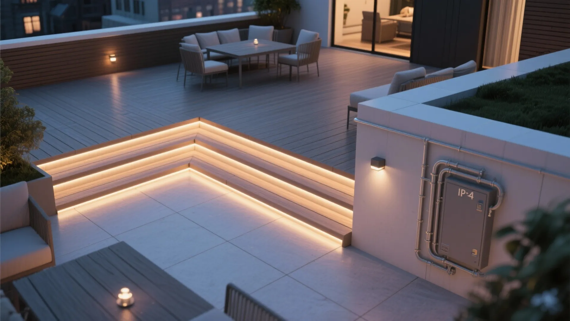 Rooftop patio with continuous recessed channel lighting along steps and wall creating a seamless ribbon of warm light