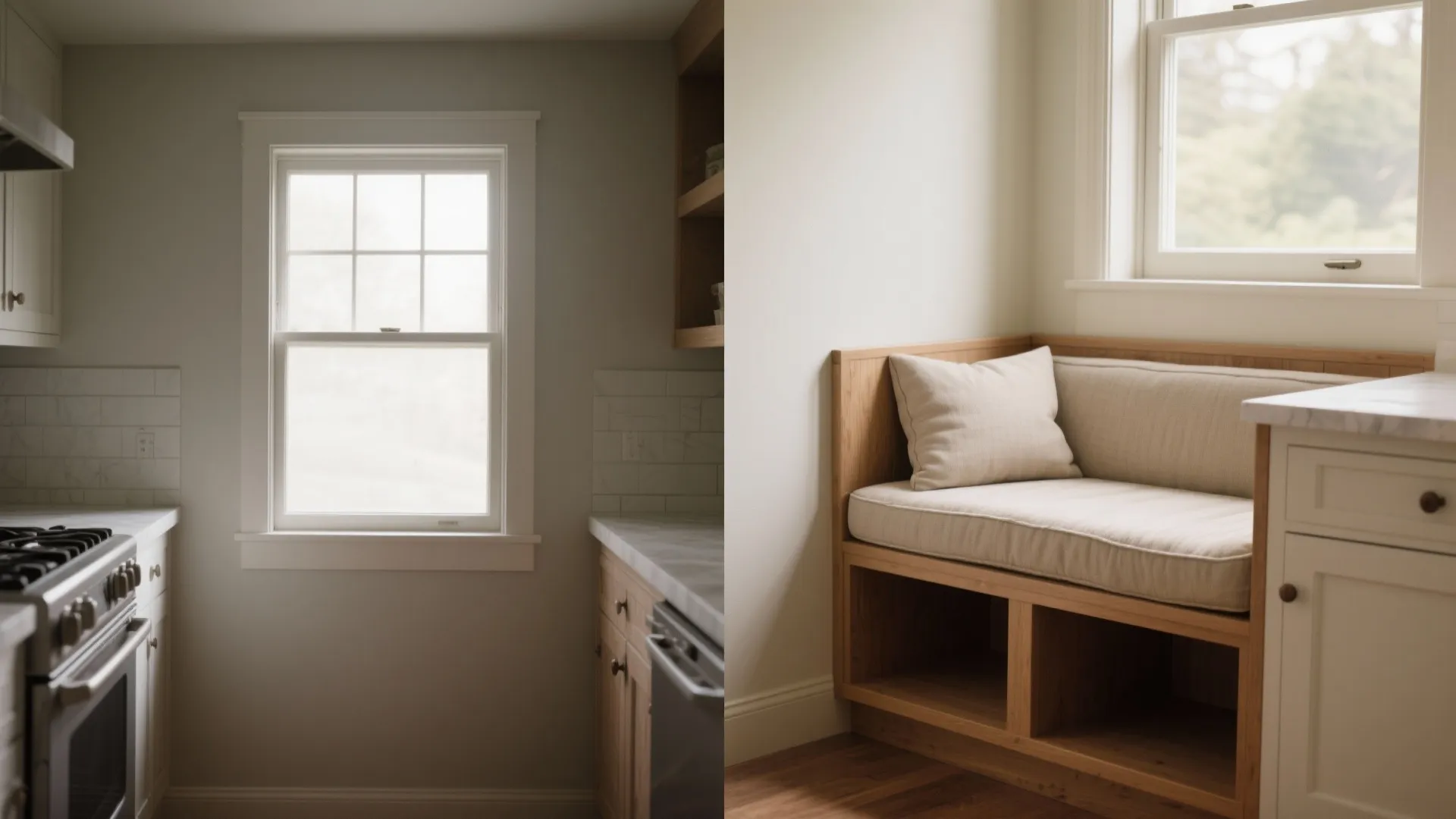 Side by side comparison of a kitchen window view and a cozy built-in wooden bench