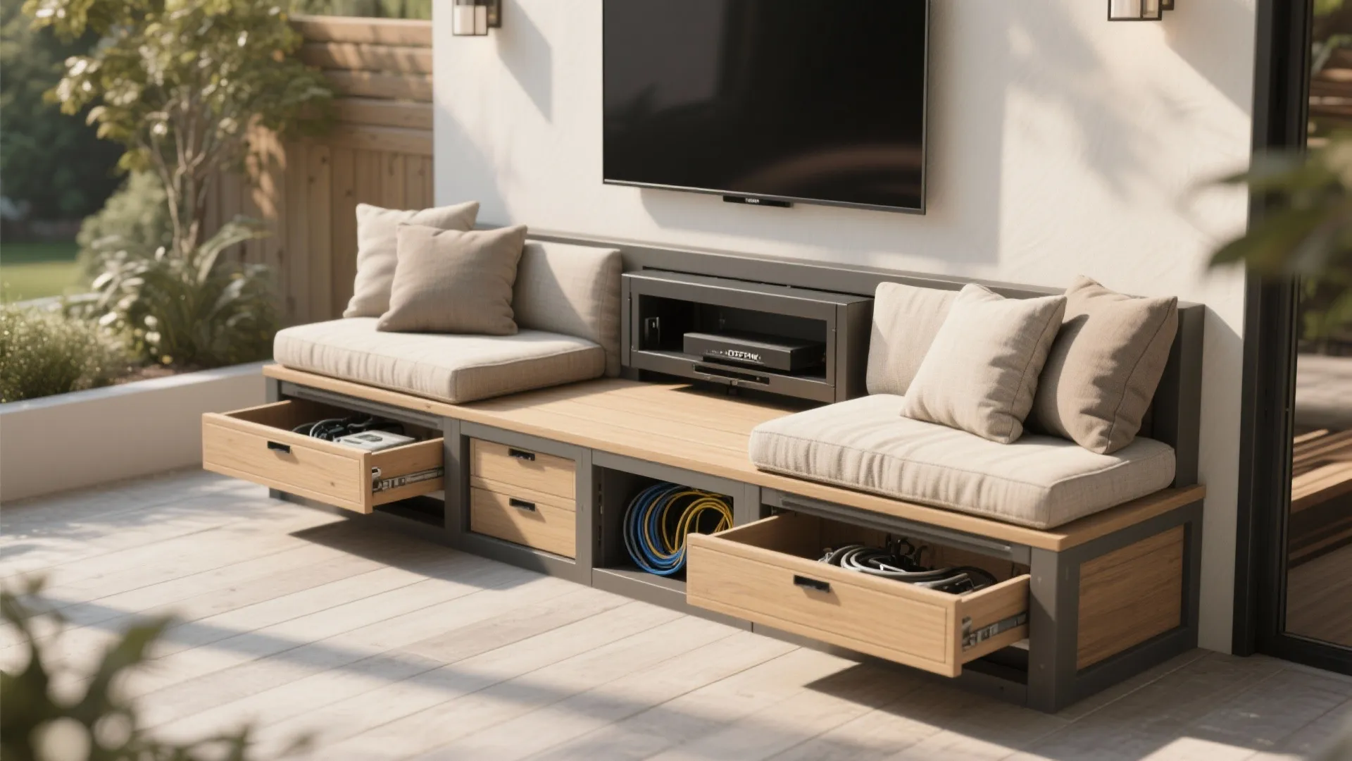 Modern outdoor sofa bench with open wooden drawers for cable storage under a wall television