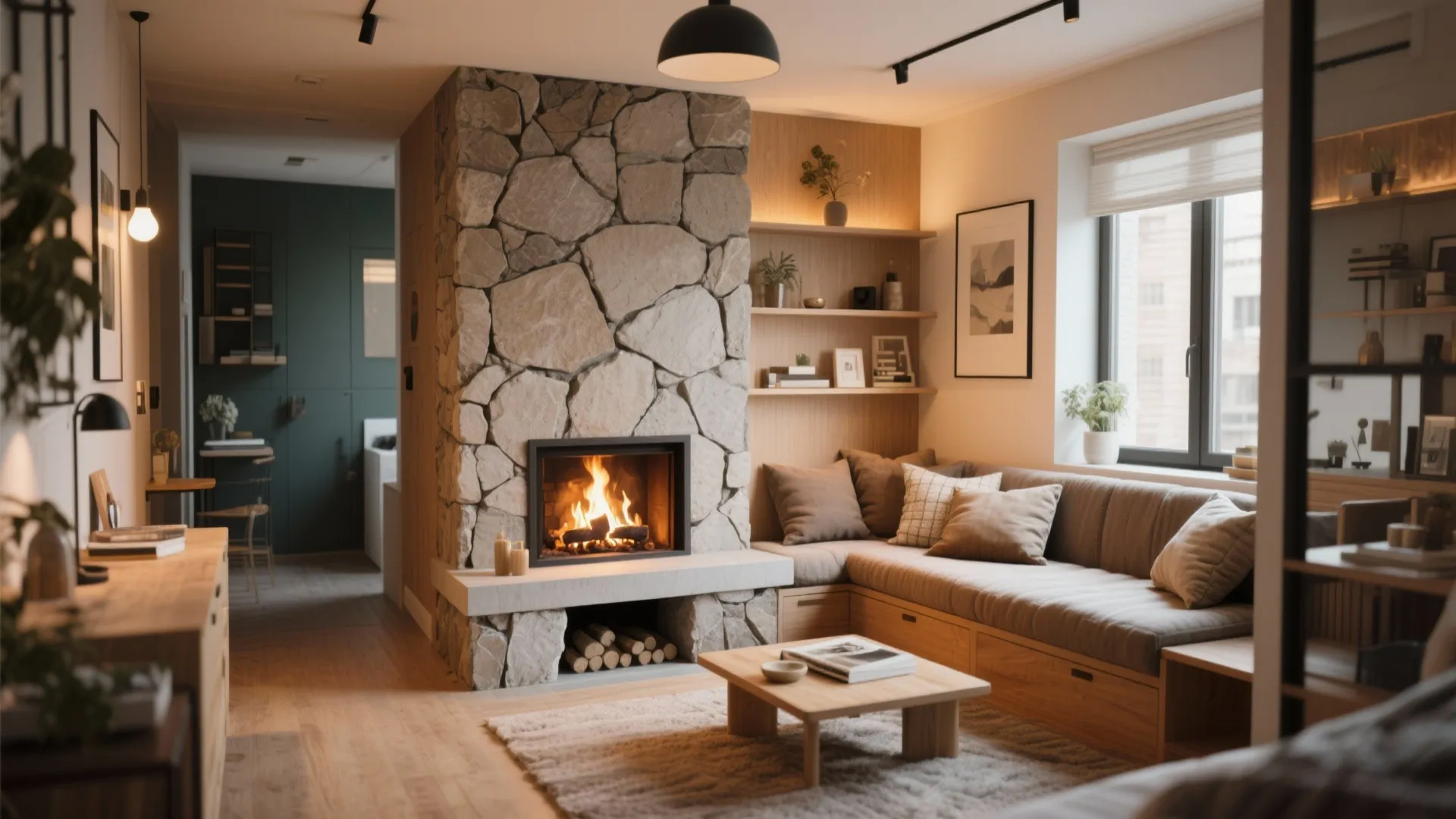 Cozy living space with stone fireplace wooden shelves and a large comfortable built-in corner sofa