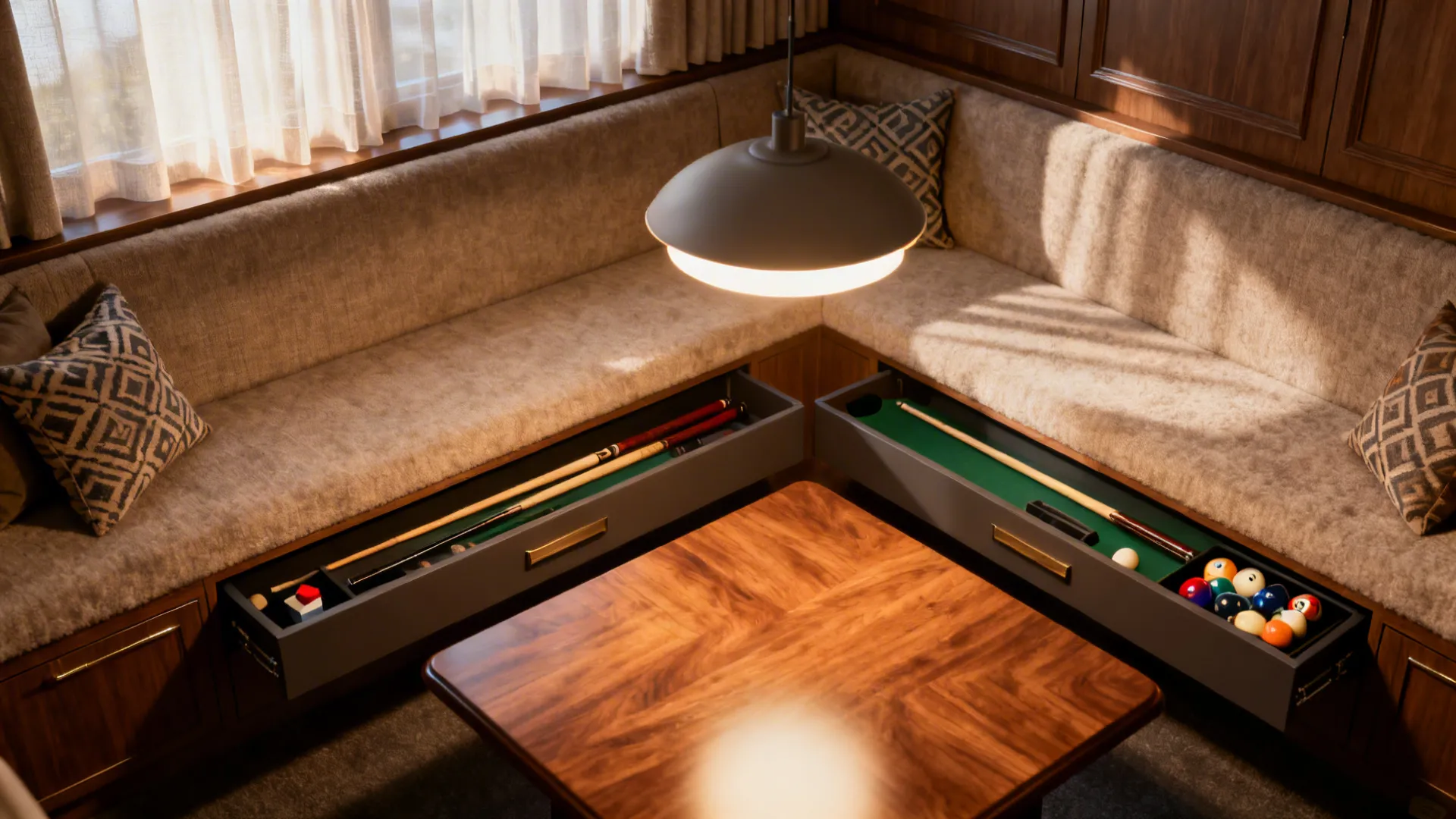 Banquette seating with storage and centered low-glare pendant lighting over a small pool table