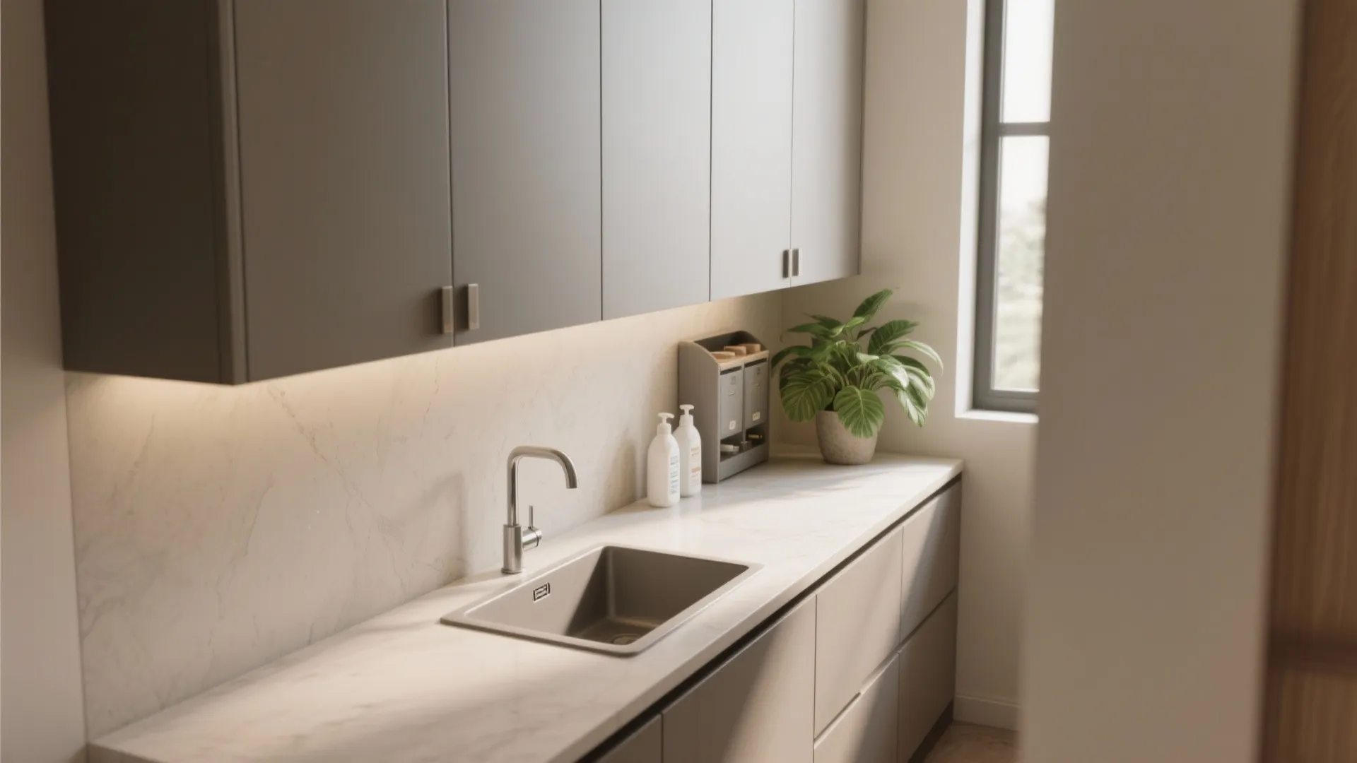 Minimalist kitchen with grey cabinets marble countertop silver sink green plant and under cabinet lighting