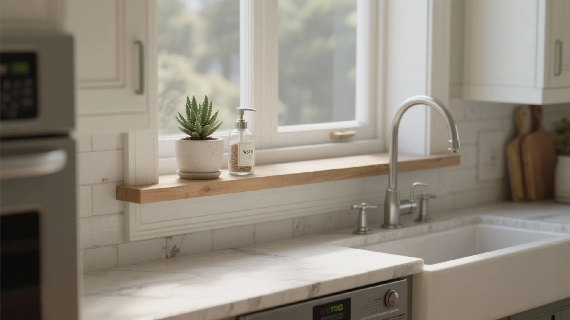 Kitchen window with small wooden shelf holding a plant and soap next to a white sink