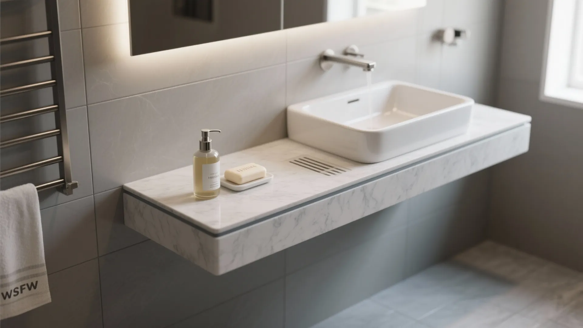 Slim integrated bathroom shelf with hidden drain channel leading to the basin.