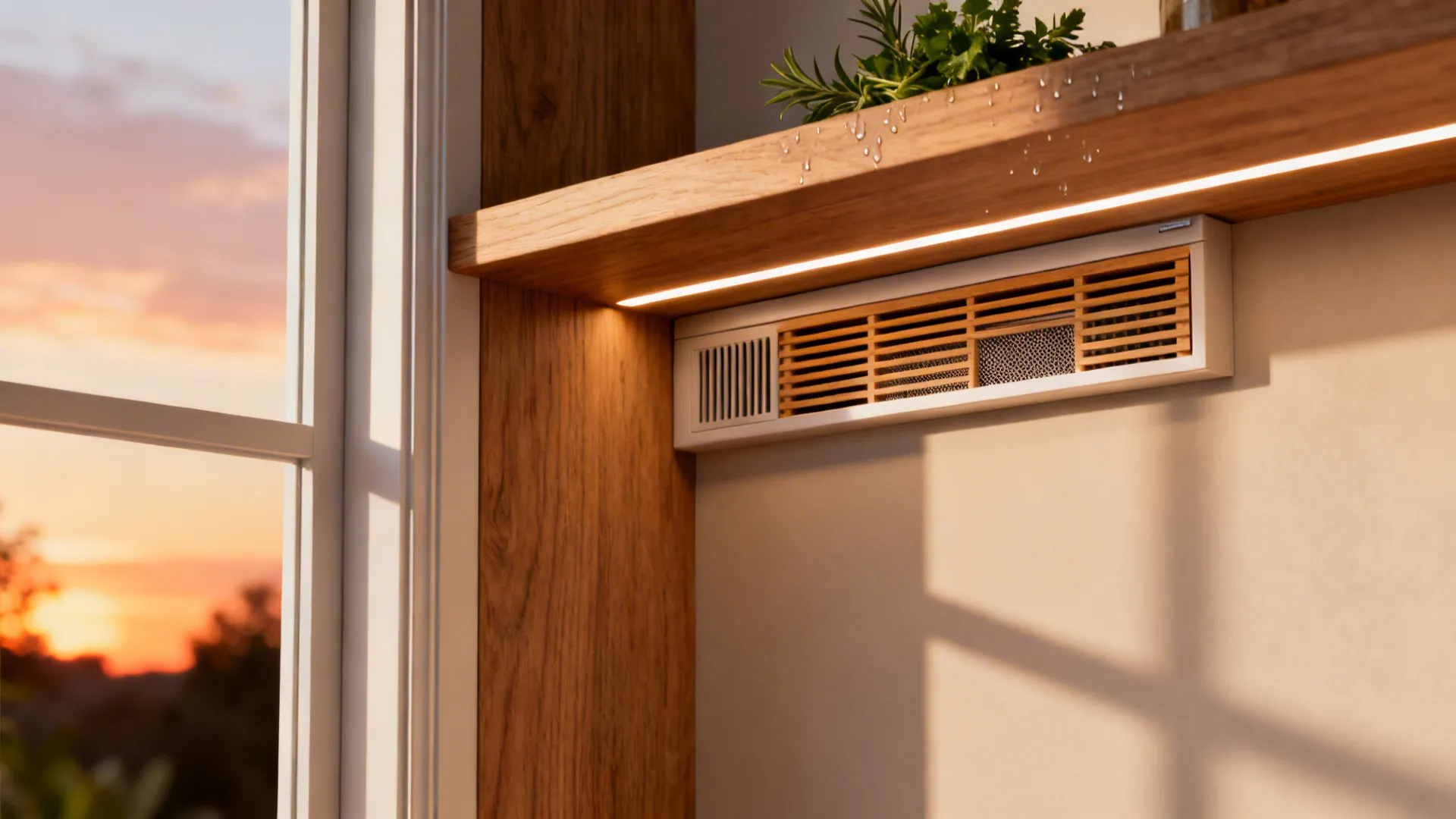 Macro of a corner window shelf with a hidden slim exhaust behind a slat grille and an LED light rail.
