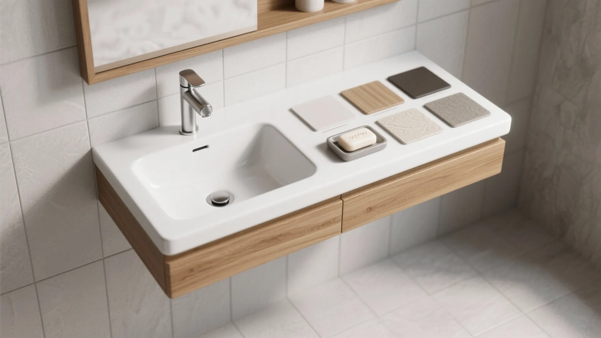 Integrated bathroom sink with wood cabinet showing material samples for tiles and floor design layout