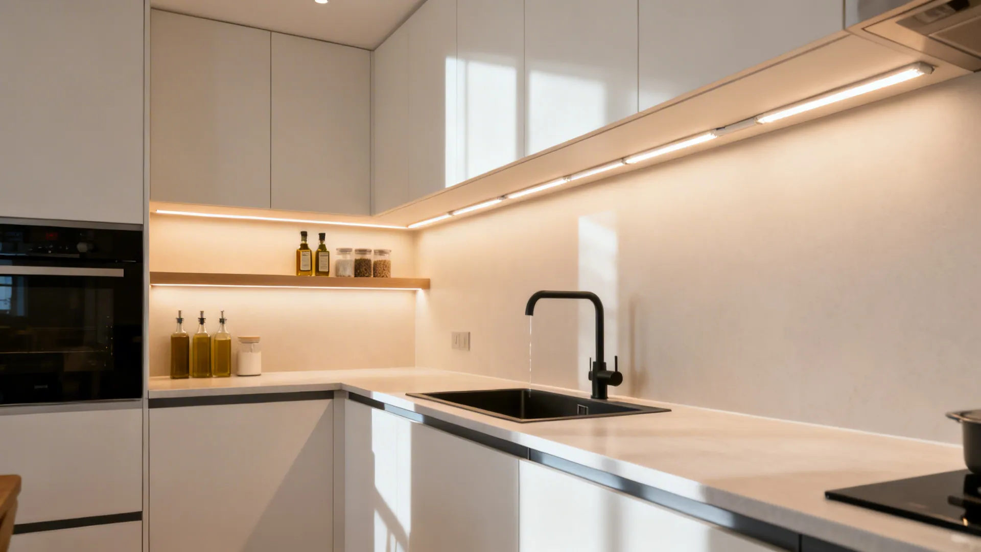 Compact kitchen with LED under-cabinet lights, backsplash shelf, and drip-edge counter.