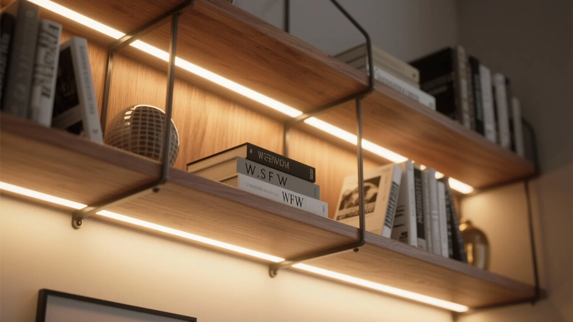 Modern wooden wall bookshelf with integrated warm LED light strips displaying books and small decor items