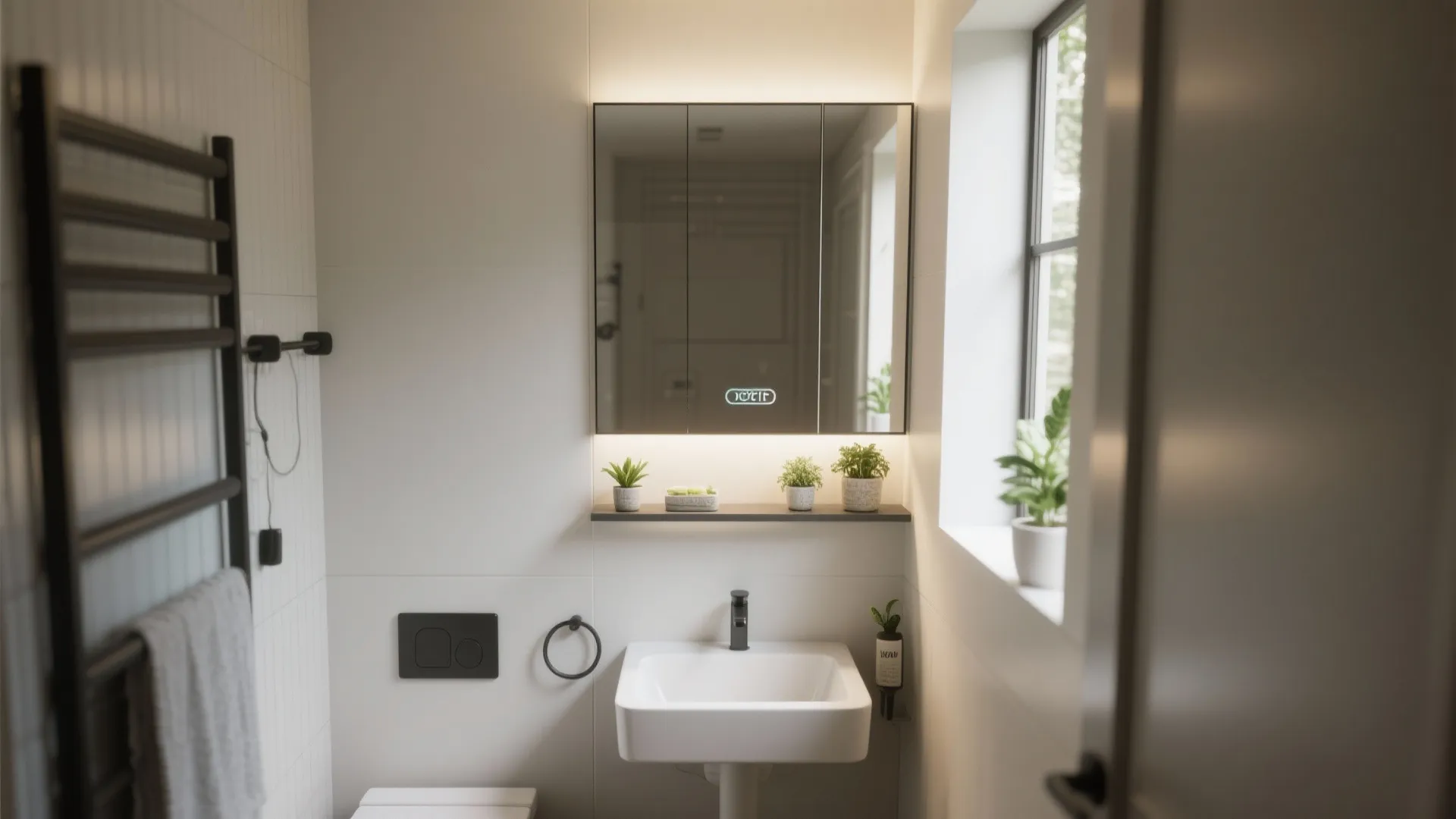 Modern bathroom featuring wall mirror with shelf, white sink, small green plants, and warm lighting