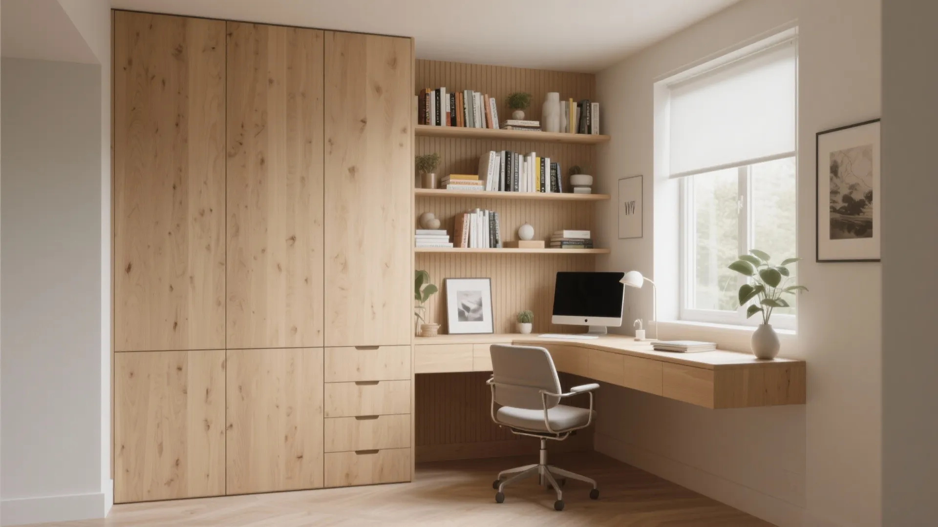 Compact workspace with wall panels integrating open shelves