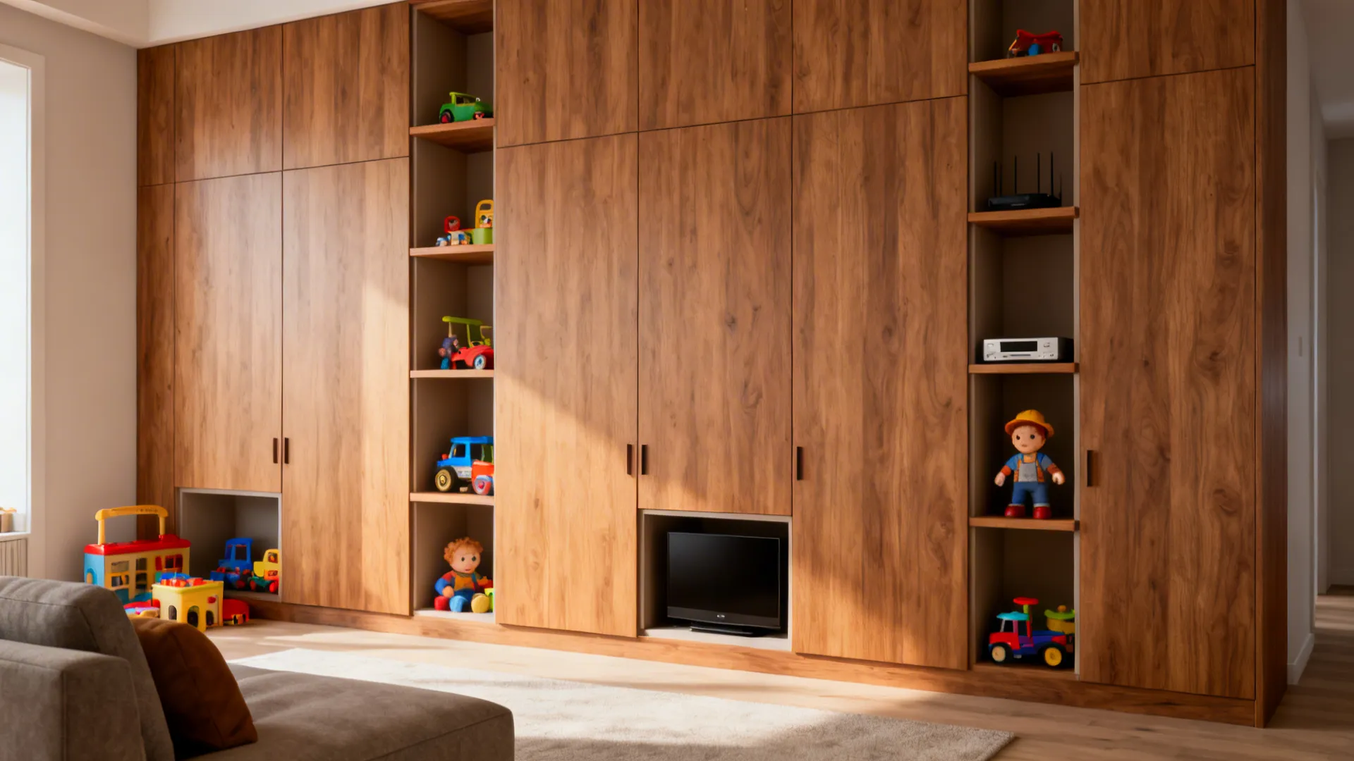 Wood-paneled wall with integrated floating shelves and concealed storage