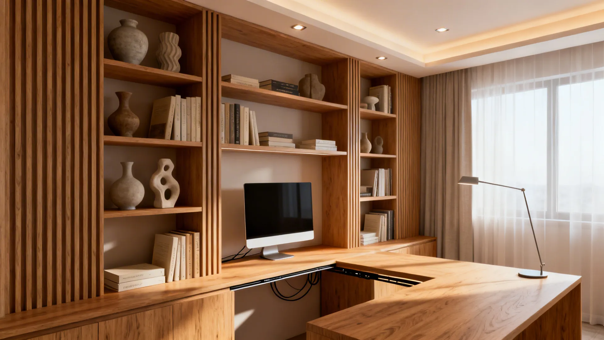 Built-in shelving and integrated desk with books, decor and hidden cable management.