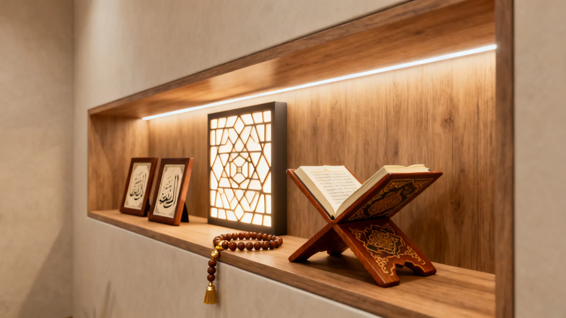 Shallow integrated shelving displaying framed calligraphy, geometric screen, prayer beads and decorative Quran stand