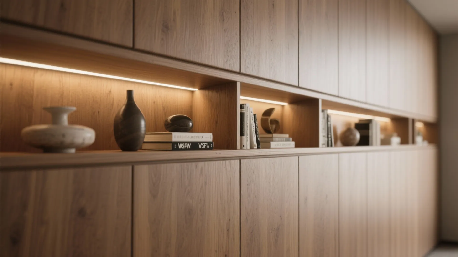 Modern wooden cabinet featuring built-in shelf lighting with decorative vases books and clean minimal design