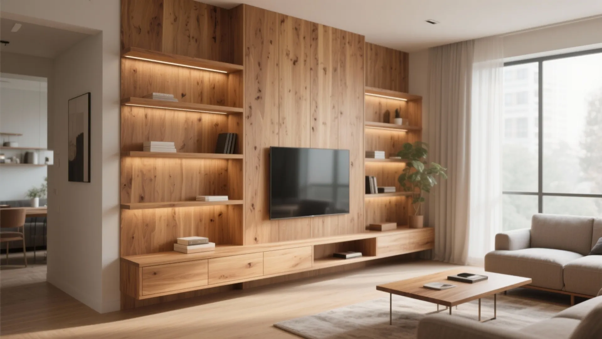 Living room featuring wooden wall panel with built-in shelves television cabinet sofa and large windows view