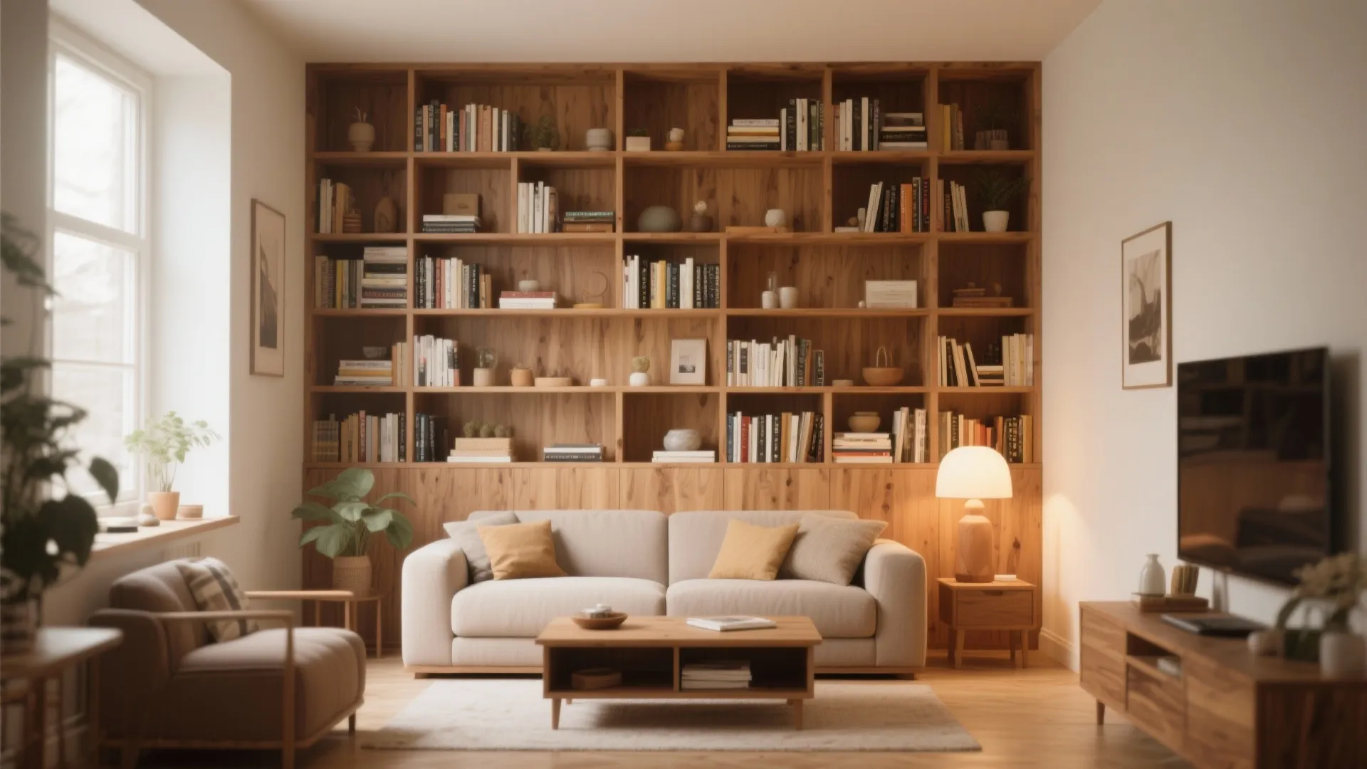 Integrated Wood Shelving Wall