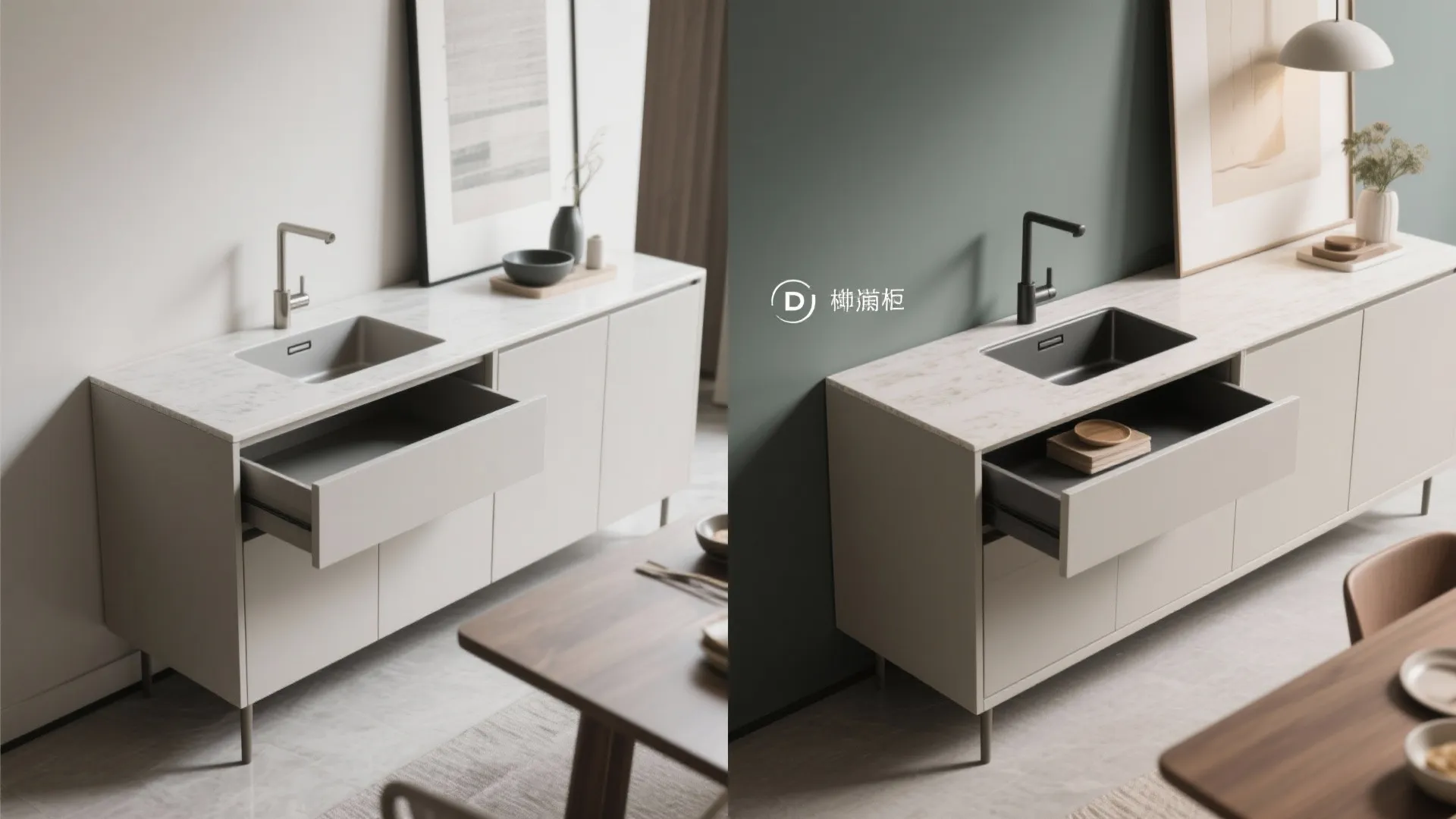 Modern white cabinet with marble top sink and open drawer in a bright dining room