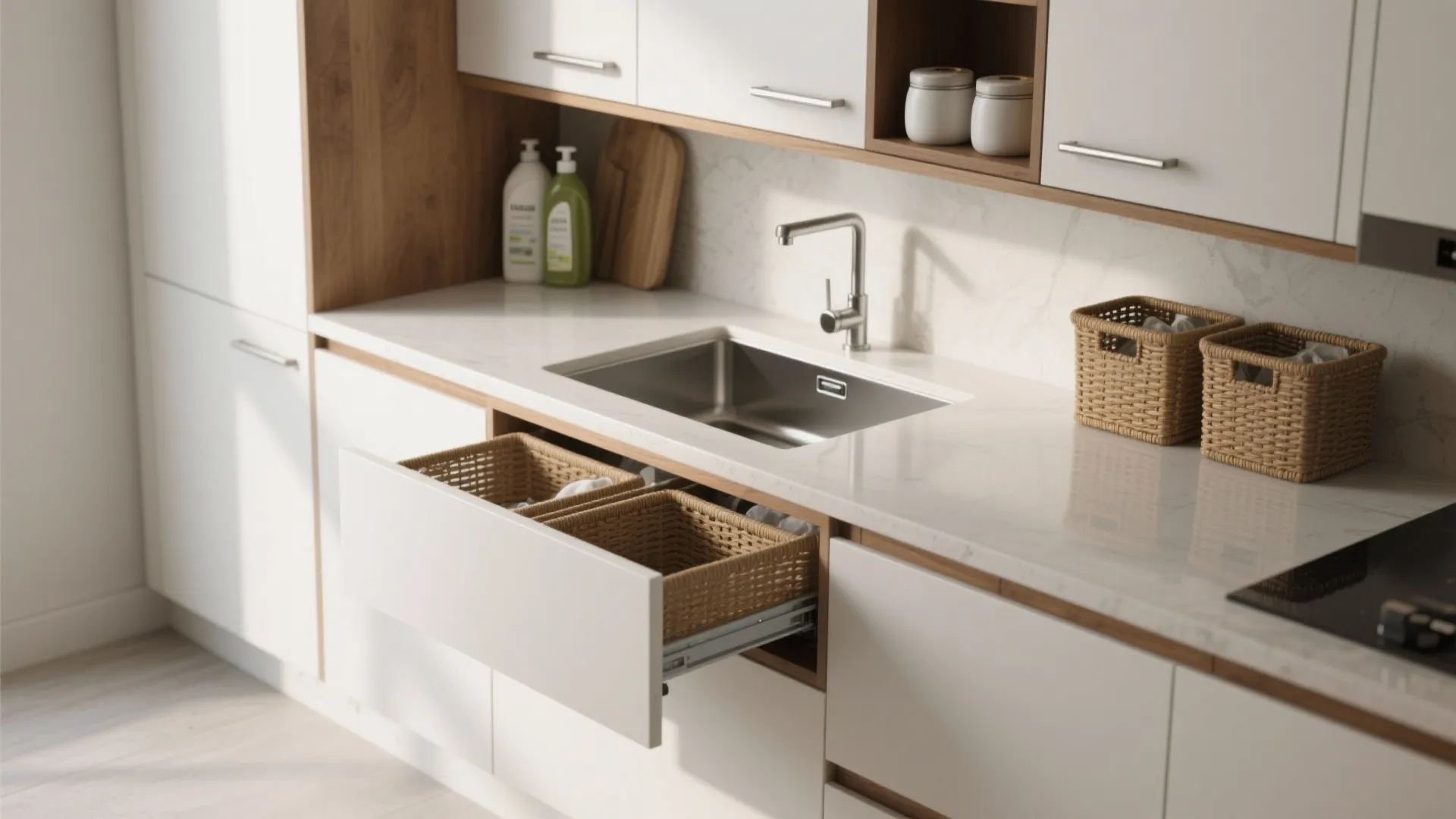 3. Integrated sink + countertop with hidden hampers