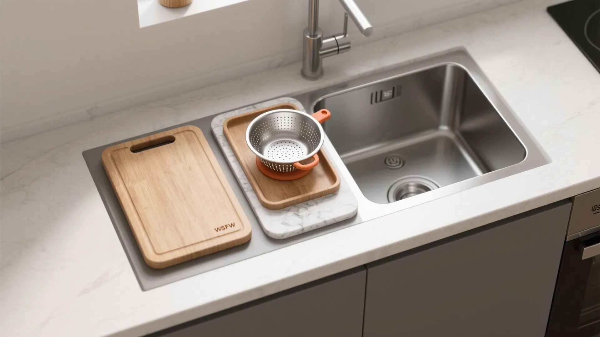 Modern kitchen sink featuring a wooden cutting board and a metal colander on marble surface