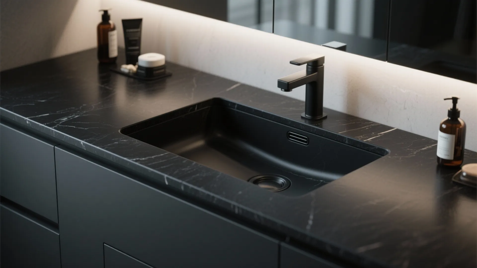 4. Black vanity with integrated sink for easy cleaning